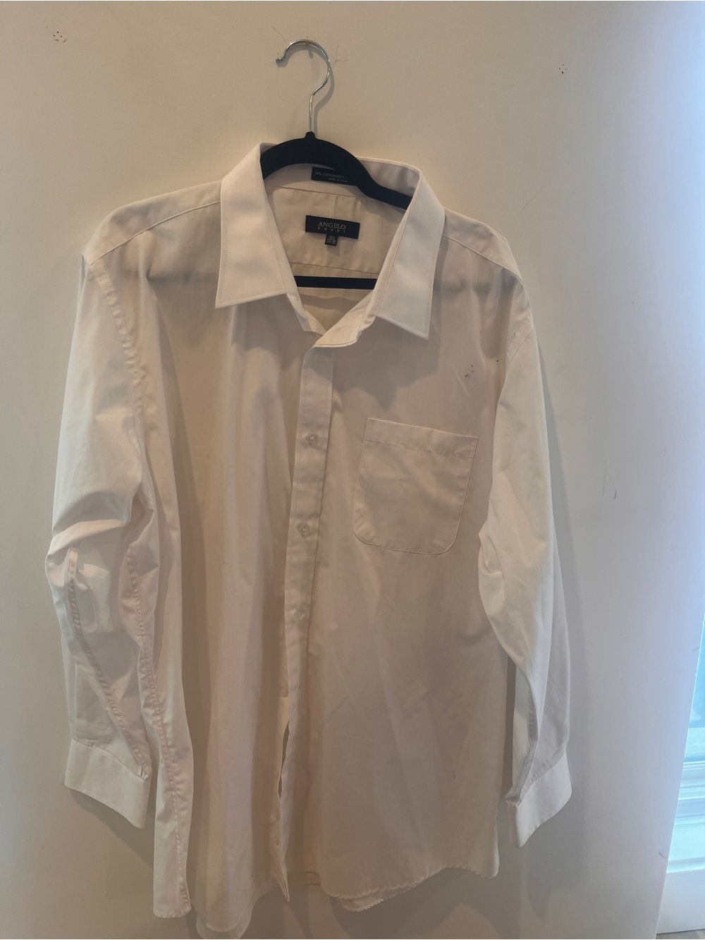 Angelo Men's White Long-Sleeve Dress Shirt with Chest Pocket